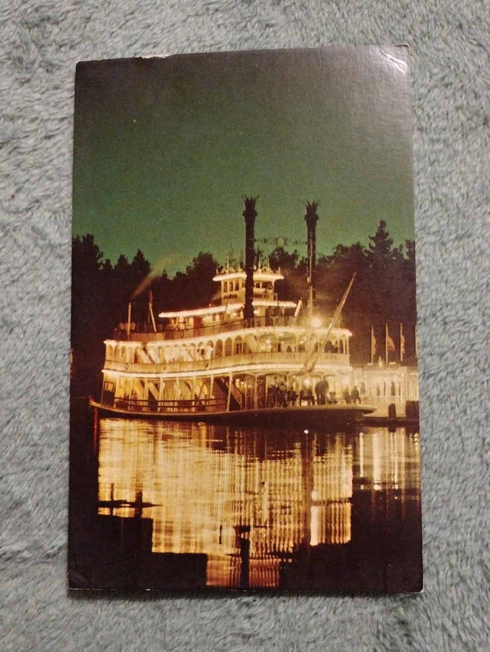 3/$15 - Vintage Disney Postcard Of Mark Twain Steamboat Night Scene